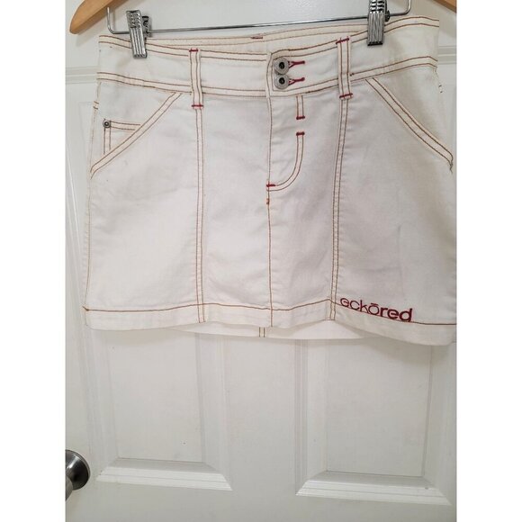 Ecko Red Women's Y2k Ivory Denim Mini 90 Skirt Red Stitching Size 7 - Picture 1 of 15
